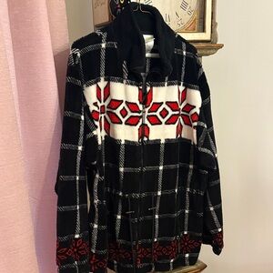 Black and White Plaid Jacket with Red Snowflake Pattern